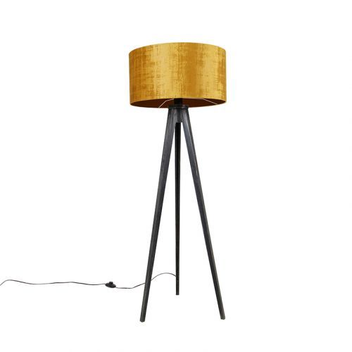 Vloerlamp tripod zwart met kap goud 50 cm - Tripod Classic