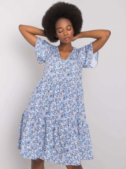 RUE PARIS Modré kvetinové šaty s volánikmi S