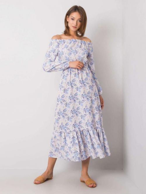 RUE PARIS Béžové a modré šaty sa španielskym výstrihom S / M