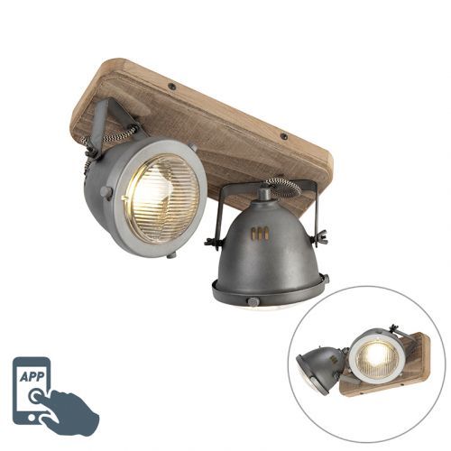 Priemyselná inteligentná spotová šedá s drevom vrátane 2 WiFi GU10 - Emado
