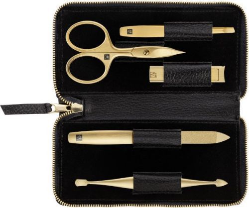Zwilling Twinox Gold Edition manikúra s nožničkami a orezávačom na nechty, čierna koža, 5 ks