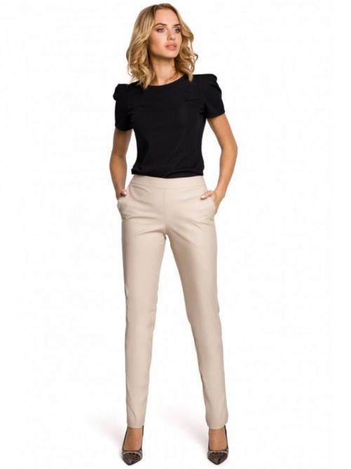 M144 Straight leg, faux leather trousers with a back zip  EÚ S. béžový