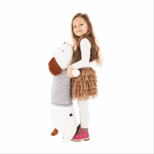 Plyšový pejsek, bílá / hnědá / šedý proužek, 92cm, Kingo typ 2