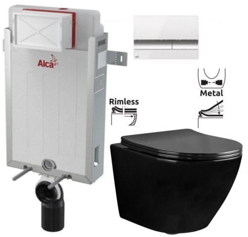 ALCAPLAST Renovmodul - předstěnový instalační systém s bílým/ chrom tlačítkem M1720-1 + WC REA CARLO MINI RIMFLESS ČERNÁ + SEDÁTKO (AM115/1000 M1720-1 CL1)