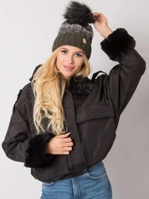 RUE PARIS Khaki zateplená zimná čiapka s brmbolcom jedna velikost