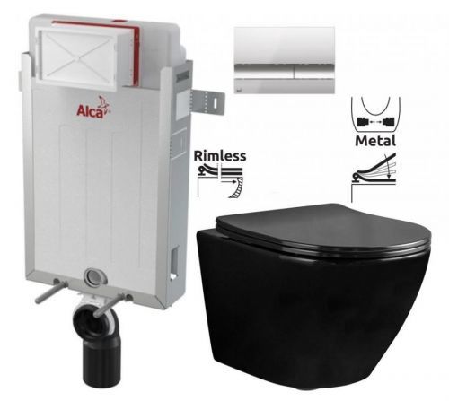ALCAPLAST Renovmodul - předstěnový instalační systém s chromovým tlačítkem M1721 + WC REA CARLO MINI RIMFLESS ČERNÁ + SEDÁTKO (AM115/1000 M1721 CL1)