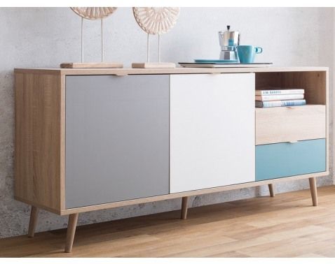 Široká komoda Cuba, dub/biela/šedá/petrolejová%