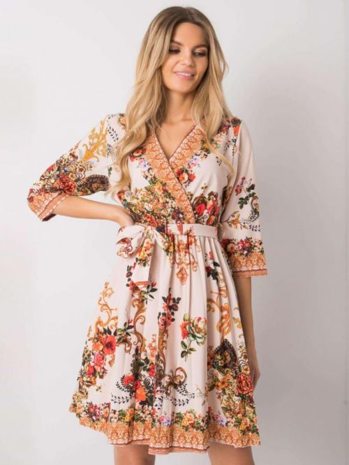 Béžové vzorované šaty s opaskom jedna velikost