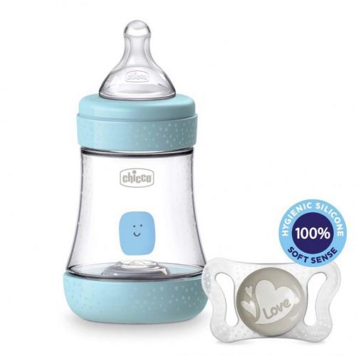 CHICCO Fľaša dojčenská Perfect 5 silikón, 150 ml chlapec + vzorka Cumlík Physio Micro 0-2m