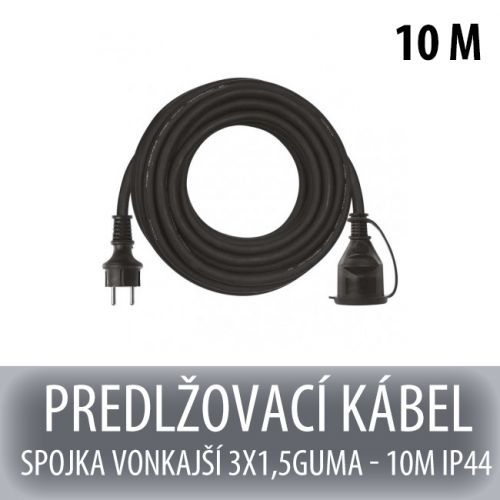 Predlžovací kábel spojka vonkajší 3x1,5 guma - 10m čierny ip44