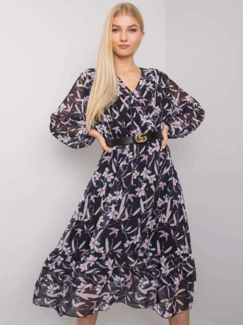 Dámske tmavo modré vzorované šaty s volánom S/M