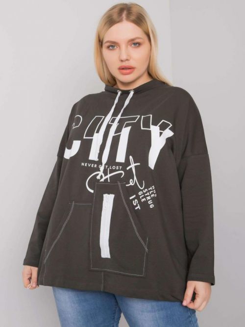 Tmavo khaki plus size mikina s potlačou a vreckami jedna velikost