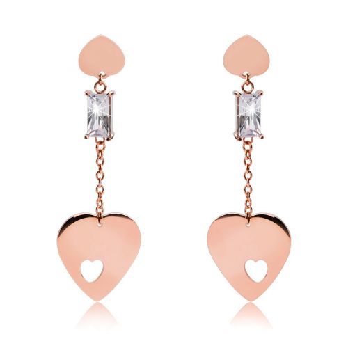 Visiace srdiečkové náušnice z chirurgickej ocele medenej farby s čírym krištáľom