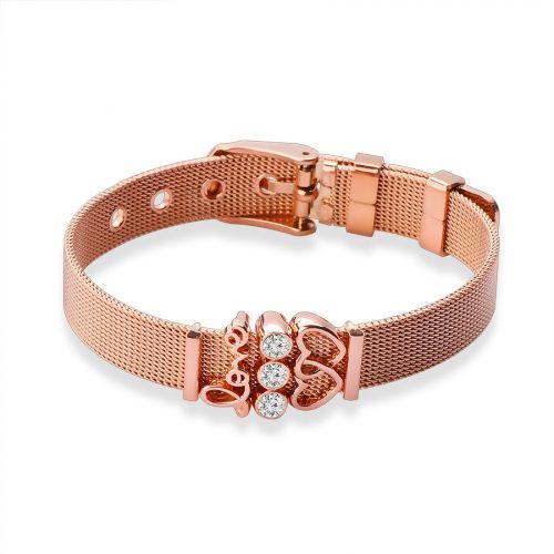 Sieťovaný náramok z 316L ocele v medenej farbe, prepojené srdiečka, zirkóny a nápis