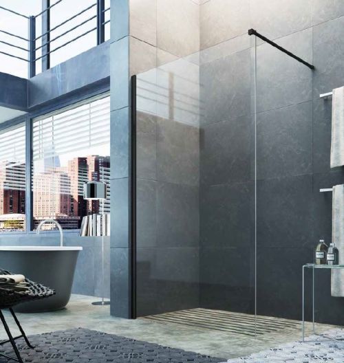 Glass 1989 Step in - Pevná voľne stojaca stena, veľkosť vaničky 110 cm, prevedenie obojstranné, profily čierna matná, číre sklo, GGK0003T700