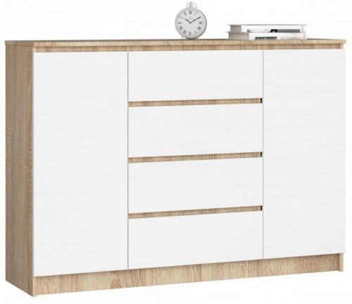 Komoda Kryštof 140 cm 2 skříňky a 4 šuplíky dub sonoma/bílá