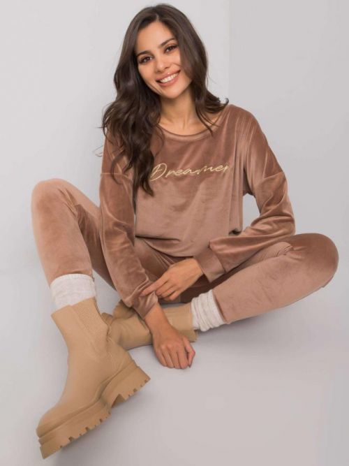 RUE PARIS Brązowy dwuczęściowy komplet welurowy S/M