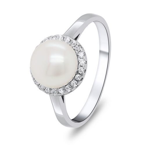 Brilio Silver Elegantný strieborný prsteň s perlou a zirkónmi RI034W 50 mm