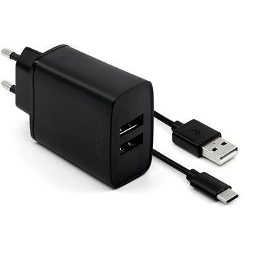 FIXED Smart Rapid Charge 15 W s 2× USB výstupom a USB/USB-C káblom 1 m čierna