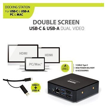 PORT CONNECT Dokovacia stanica 8 v 1 USB-C, USB-A, dual video, HDMI, Ethernet, audio, USB 3.0