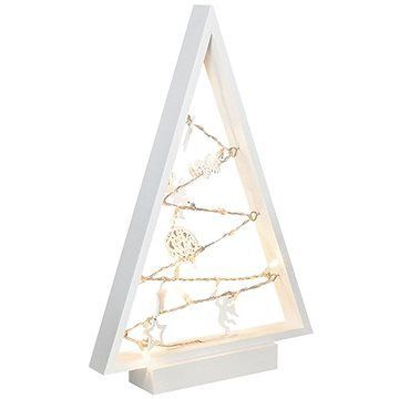 LED drevený vianočný stromček s ozdobami, 15 LED, prírodné drevo, 37 cm, 2× AA