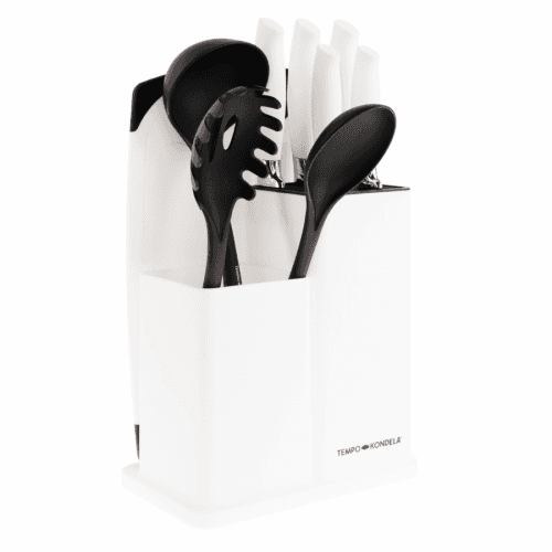 Sada nožů a kuchyňského nářadí, set 10 ks, ve stojanu, bílá, KAHON