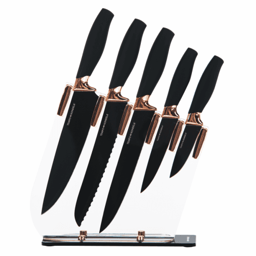 Sada nožů, set 6 ks, ve stojanu, černá, MALIKA