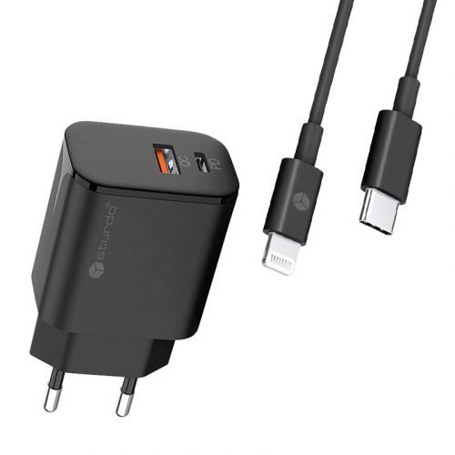 Sturdo sieťová nabíjačka 20W s káblom MFI Lightning 3A, Power Delivery + Quick Charge, čierna
