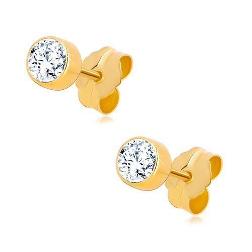 Náušnice zo žltého zlata 585 - číry okrúhly zirkón v objímke, 4 mm