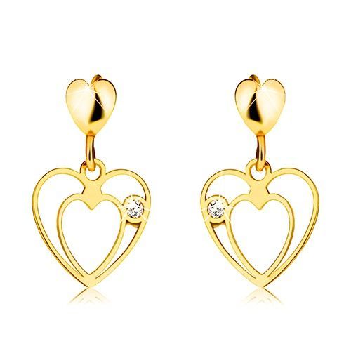 Náušnice zo zlata 375 - tri lesklé srdiečka, okrúhly zirkónik, puzetky