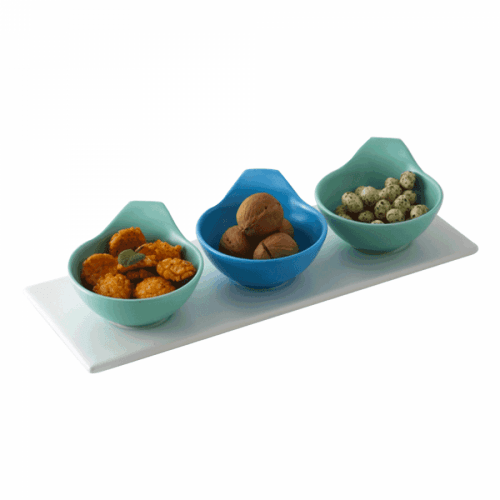 Sada 3 ks misek na podnose, bílá / modrá / tyrkysová / azurová, Kesper