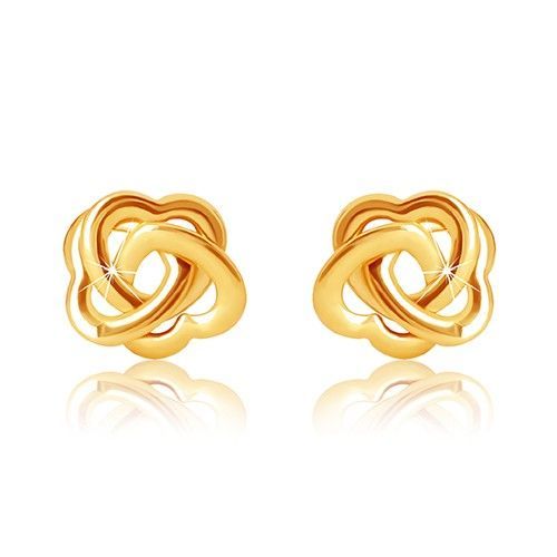 Puzetové náušnice v 9K žltom zlate - tri vzájomne prepojené symetrické srdiečka