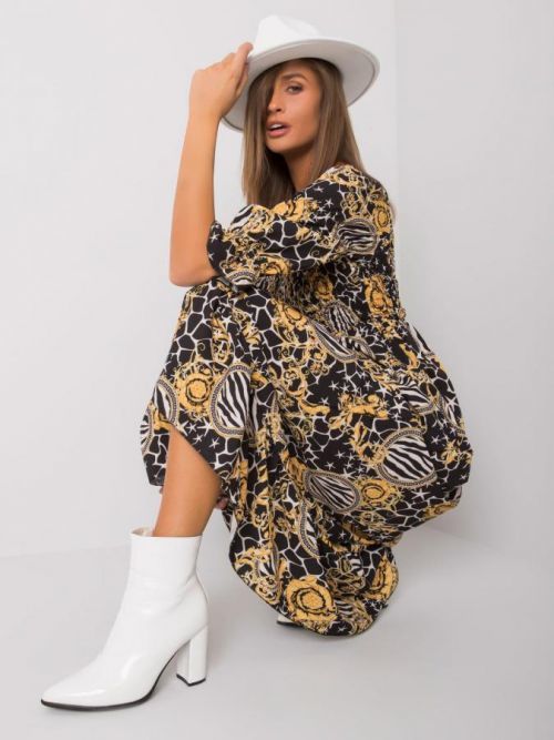 Čierno-žlté maxi šaty s volánom jedna veľkosť