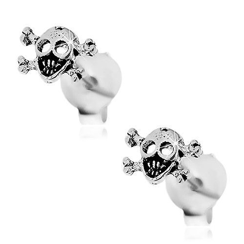 Patinované náušnice, striebro 925, lebka s prekríženými kosťami