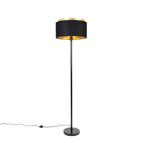 Moderne vloerlamp zwart met duo kap zwart met goud - Simplo