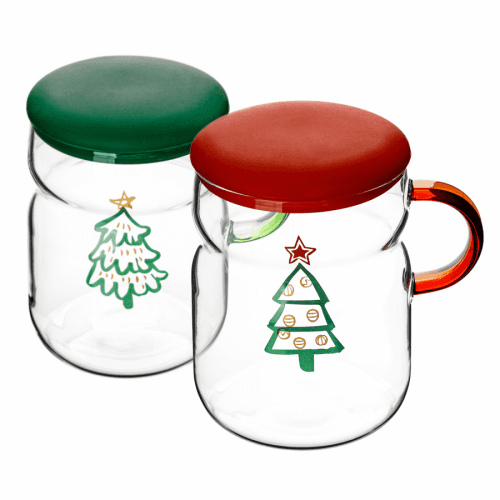 TEMPO-KONDELA MUGY, sklenice s víčkem, set 2 ks, zimní motiv, 460 ml, sklo