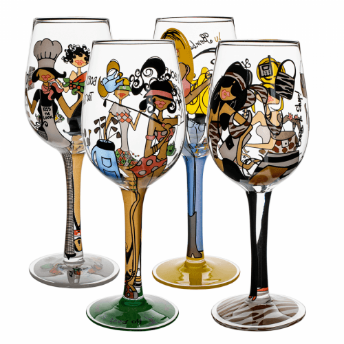 TEMPO-KONDELA HILY, sklenice na víno, set 4 ks, ručně malované, sklo