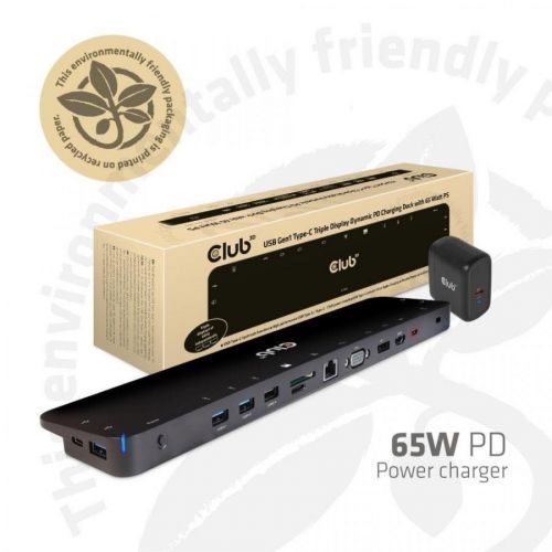 Club3D dokovacia stanica USB-C s napájacím adaptérom Triple Dynamic PD, 65 W