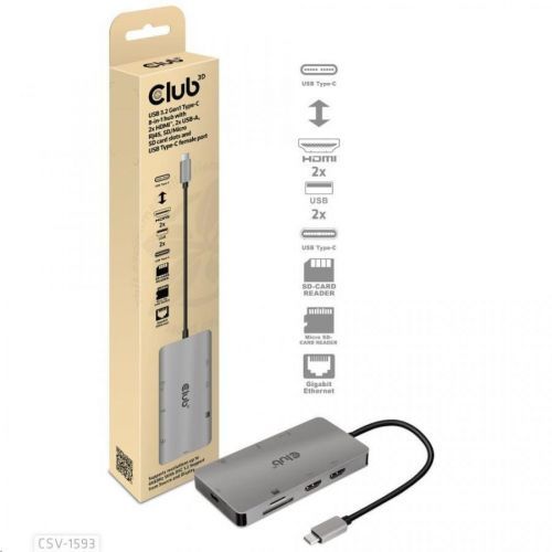 Club3D Dokovacia stanica 8v1 USB 3.2 typ C (2xHDMI, 2xUSB-A, RJ45, SD/Micro SD USB Type-C female port), Triple Dynamic