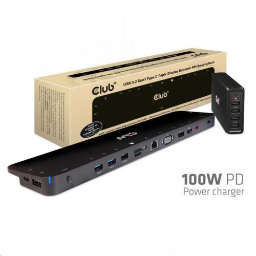 Club3D dokovacia stanica USB-C 3.2 s napájacím adaptérom Triple Dynamic PD, 100 W