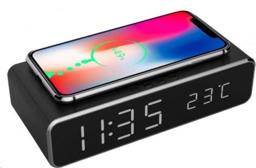 GEMBIRD digitálny budík s funkciou bezdrôtového nabíjania, black/čierna