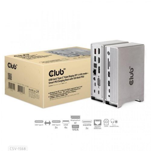 Club3D Dokovacia stanica USB-C, Triple Display DP Alt mode Displaylink Dynamic PD Charging Dock with 120 Watt PS
