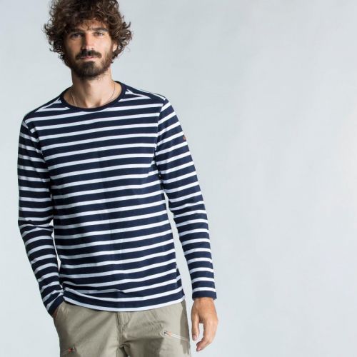 Pánske námornícke tričko Sailing 100 s dlhým rukávom modro-biele