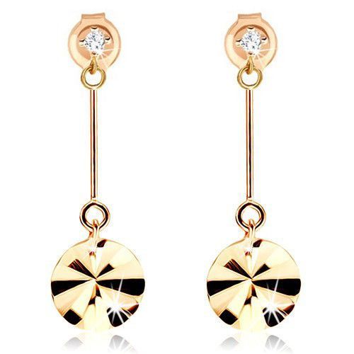 Zlaté náušnice 375 - kruh visiaci na paličke, lúčovité ryhy, zirkón