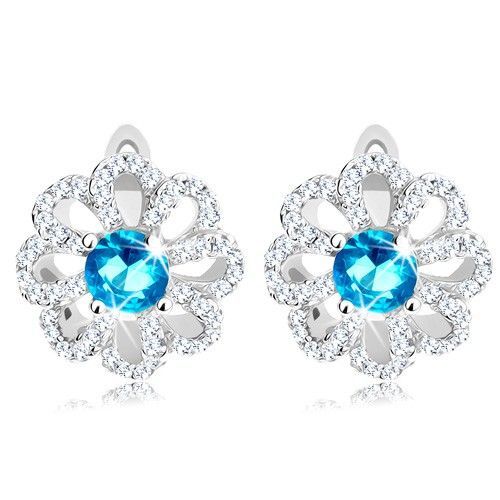Náušnice zo striebra 925, kvietok s čírymi obrysmi lupeňov, svetlomodrý zirkón