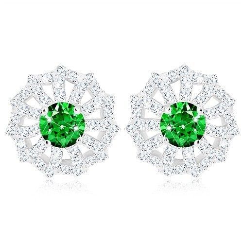 Ródiované náušnice, striebro 925, kvet - číre zirkónové lupene a zelený stred