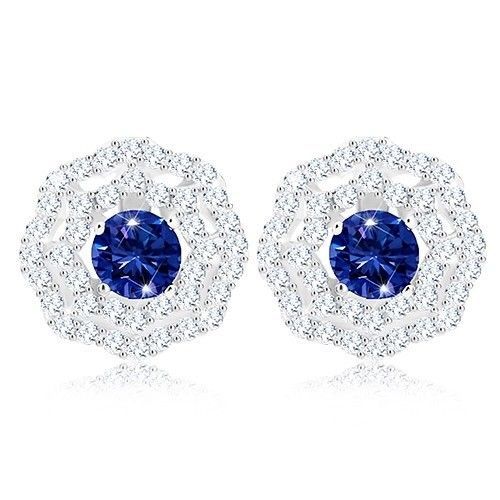 Ródiované náušnice, striebro 925, slniečko - modrý zirkón, dvojitý číry lem