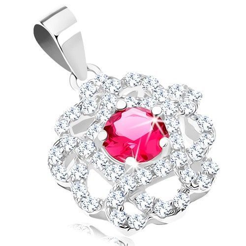 Strieborný prívesok 925, kvietok s čírymi prepletenými lupeňmi, červený zirkón