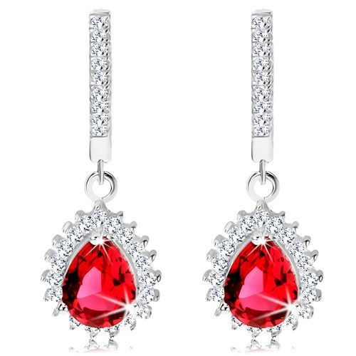 Strieborné náušnice 925, visiaca červená slza s trblietavým čírym okrajom