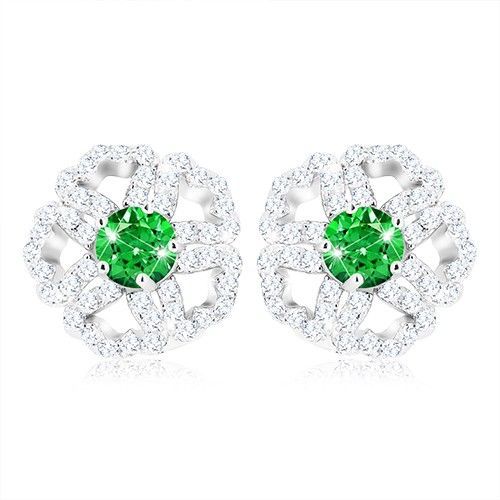 Strieborné 925 náušnice, trblietavý zirkónový kvietok so zeleným stredom